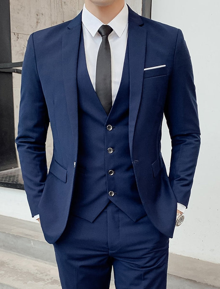 Men's Single-Breasted Two-Button Three-Piece Tailored Suit - Navy Blue