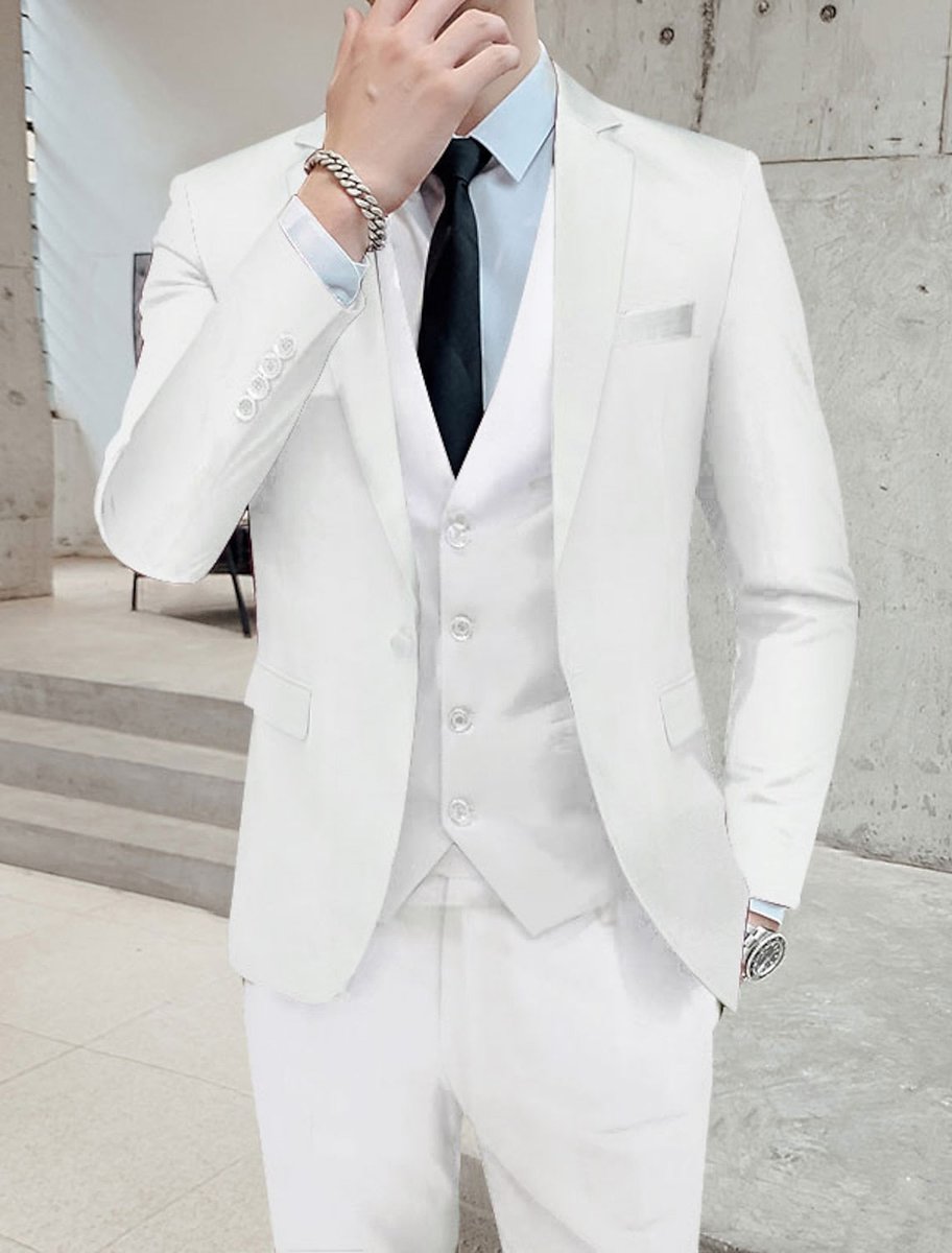 Men's Single-Breasted Two-Button Three-Piece Tailored Suit - White