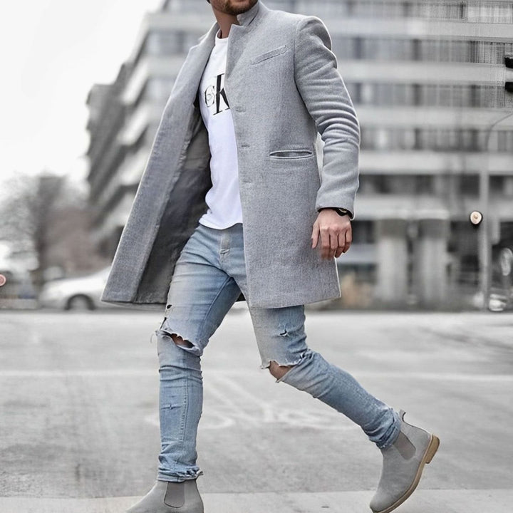 Men's Slim-Fit Mid-Length Stand Collar Wool Overcoat - Grey