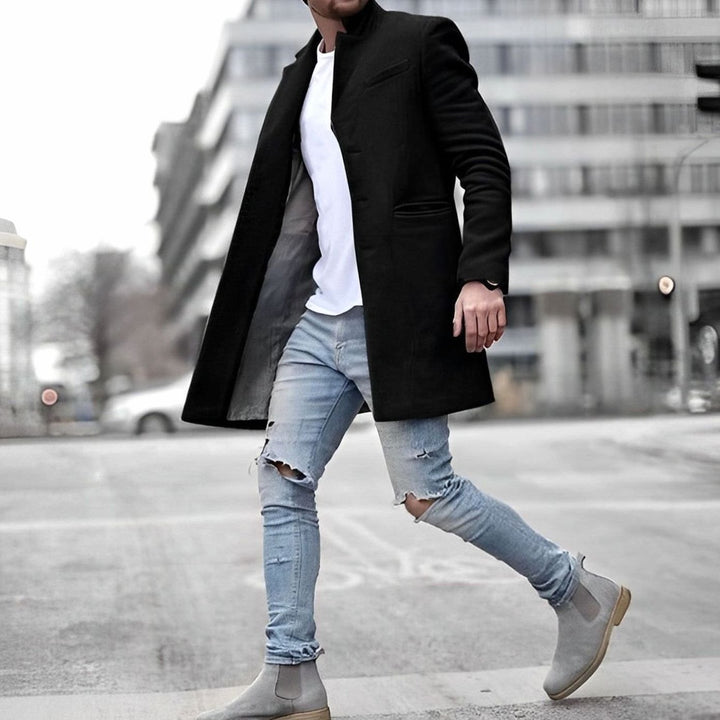 Men's Slim-Fit Mid-Length Stand Collar Wool Overcoat - Black