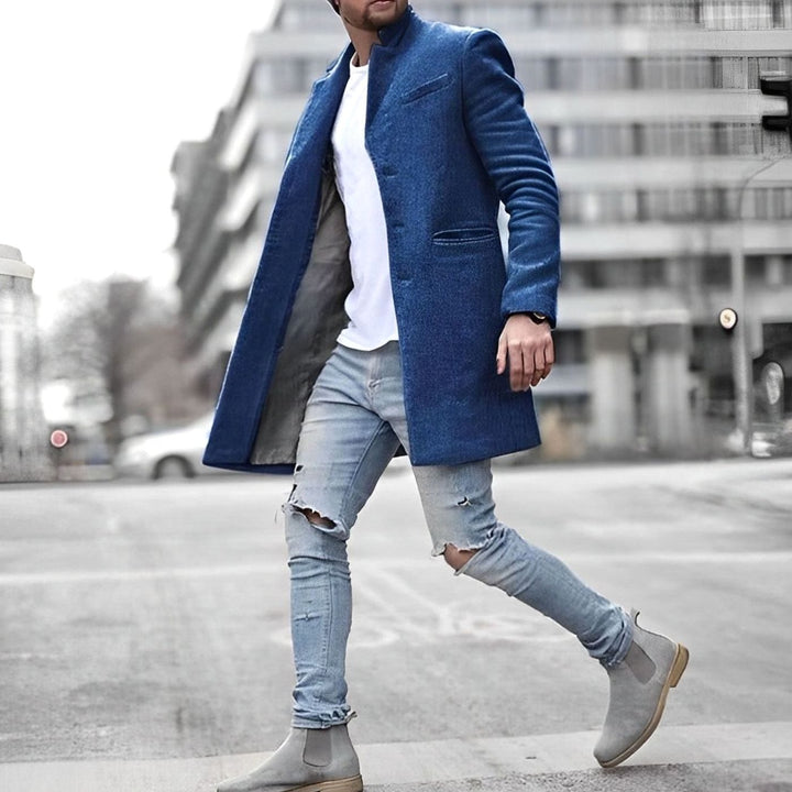 Men's Slim-Fit Mid-Length Stand Collar Wool Overcoat - Blue