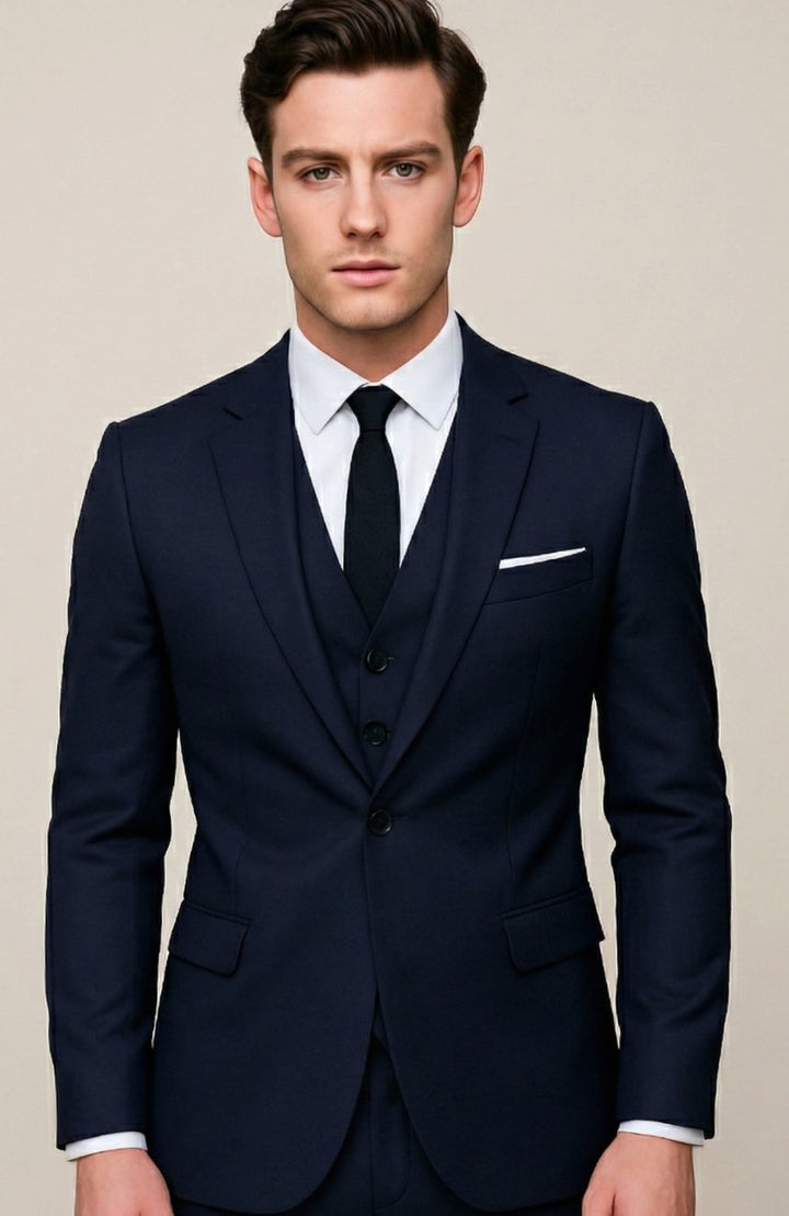 Men's Slim-Fit Three-Piece Formal Suit - Navy Blue