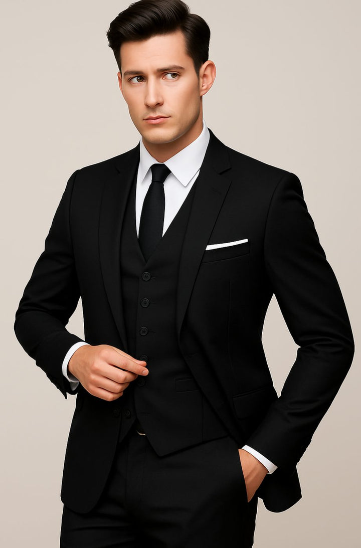 Men's Slim-Fit Three-Piece Formal Suit - Black