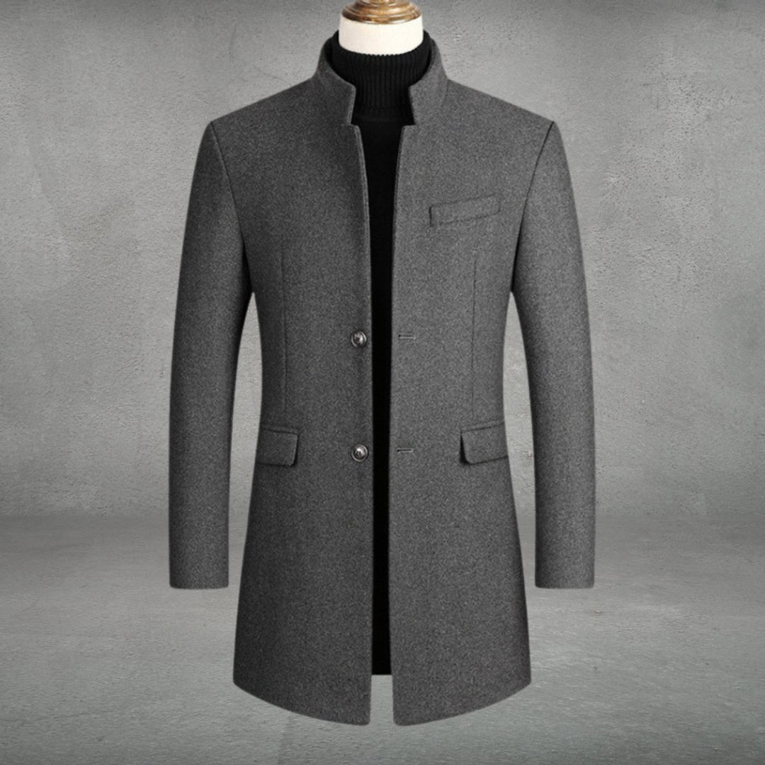 Men's Slim-Fit Wool Blend Coat Standing Collar Overcoat - Grey