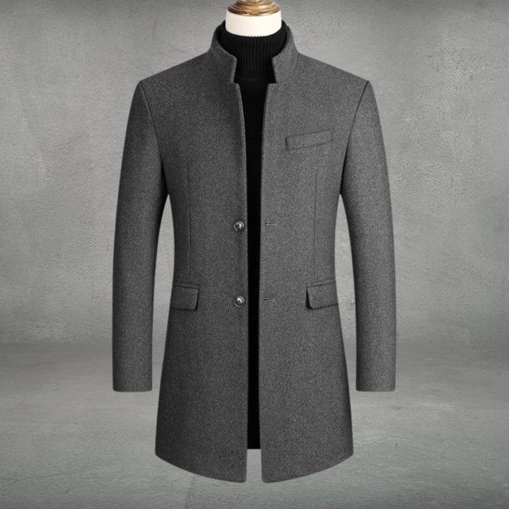 Men's Slim-Fit Wool Blend Coat Standing Collar Overcoat - Grey