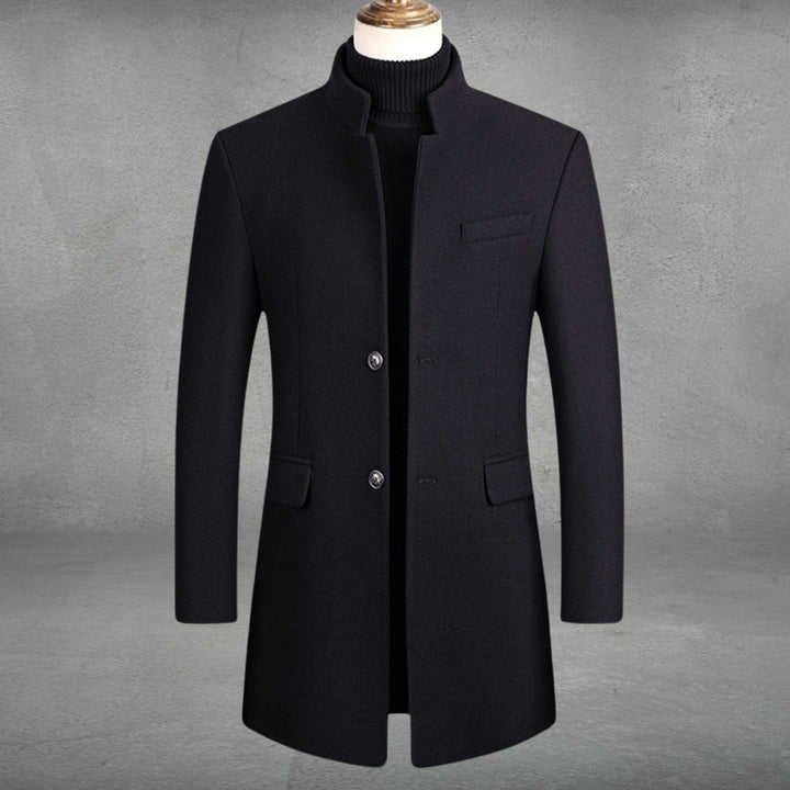 Men's Slim-Fit Wool Blend Coat Standing Collar Overcoat - Black