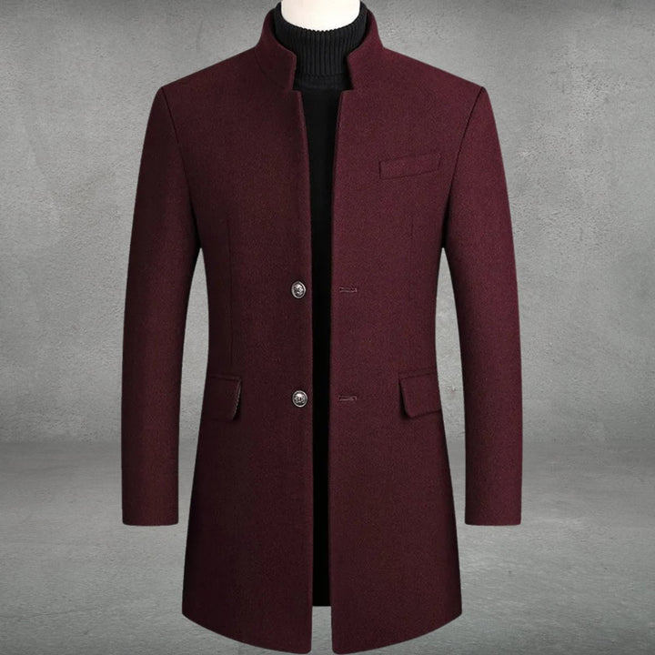 Men's Slim-Fit Wool Blend Coat Standing Collar Overcoat - Wine Red