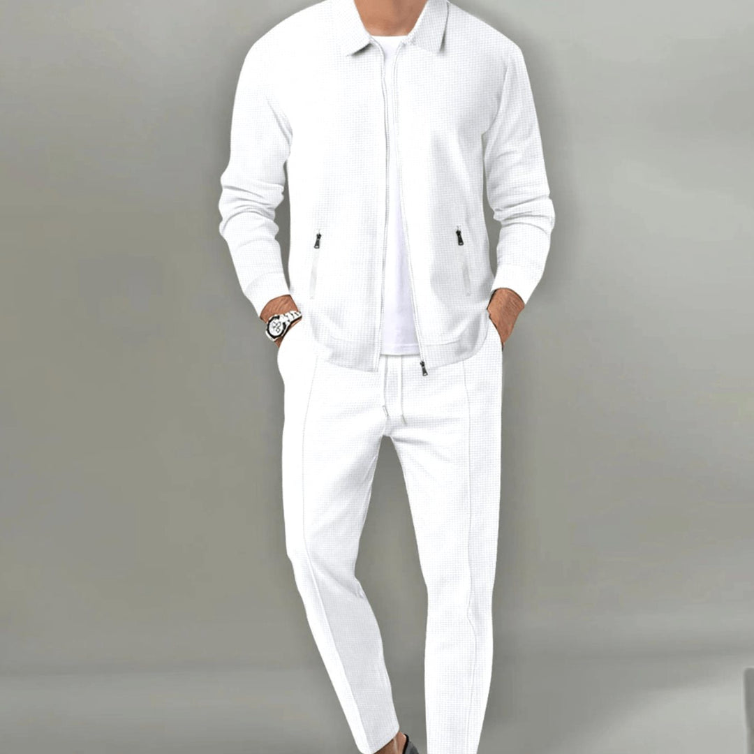 Men's Slim-Fit Zip-Up Casual Tracksuit Two-Piece Set - White