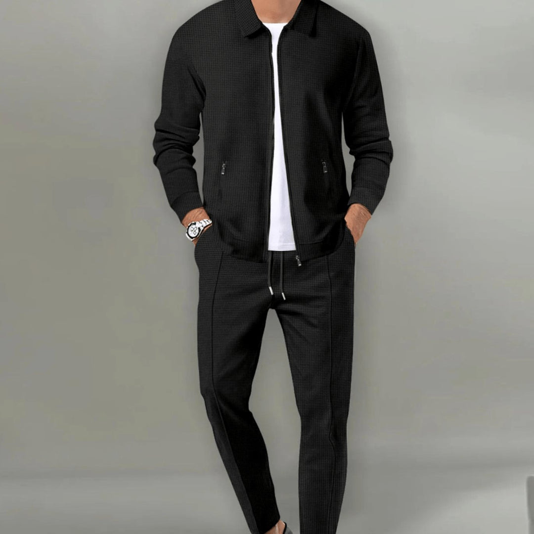Men's Slim-Fit Zip-Up Casual Tracksuit Two-Piece Set - Black