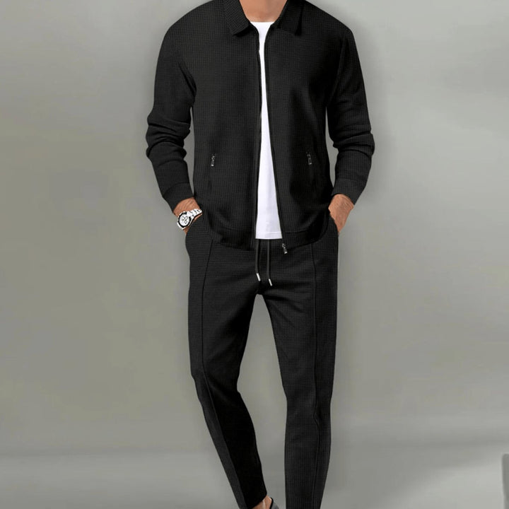 Men's Slim-Fit Zip-Up Casual Tracksuit Two-Piece Set - Black