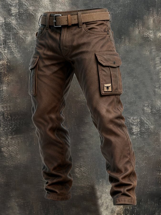 Men's Slim Tapered Cargo Trousers Bull Patch Side Pockets - Braun