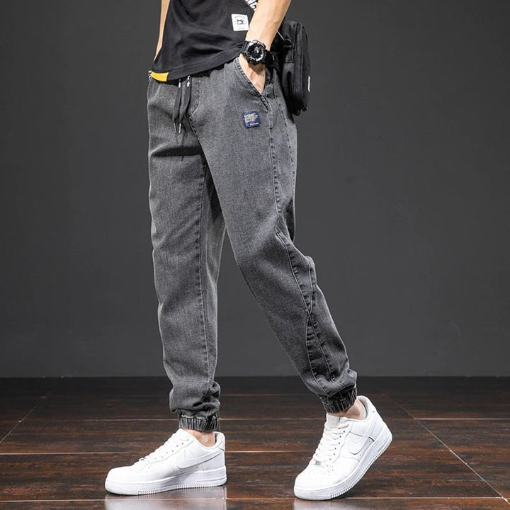 Men's Stretch Denim Elastic Waistband Jogger Trousers - Black
