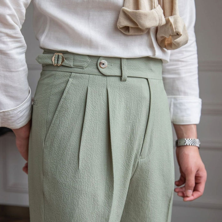 Men's Tailored High-Waist Pleated Trousers Cuffed Hem - Green