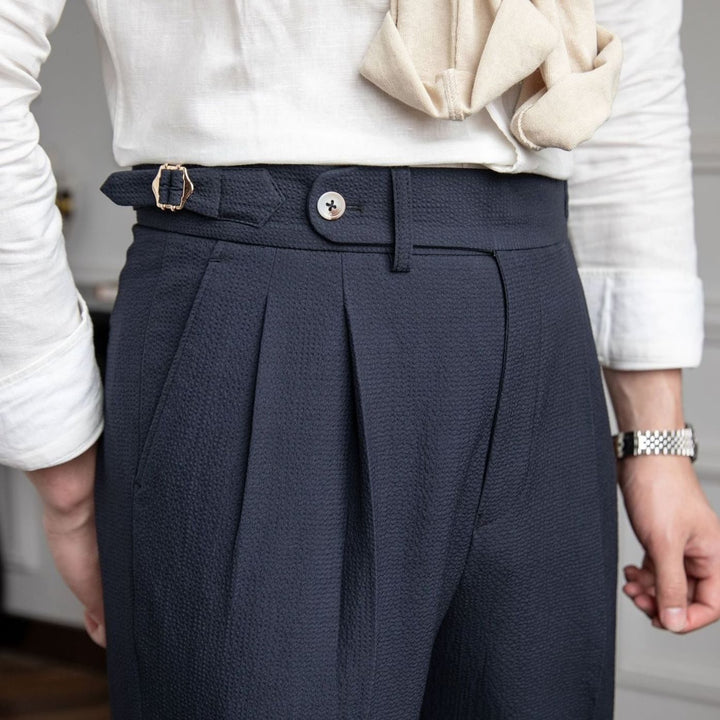 Men's Tailored High-Waist Pleated Trousers Cuffed Hem - Blue