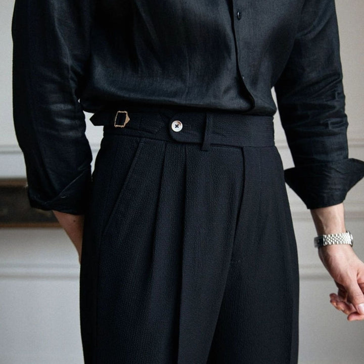 Men's Tailored High-Waist Pleated Trousers Cuffed Hem - Black