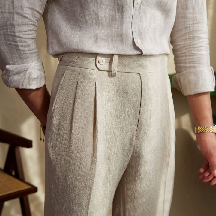 Men's Tailored High-Waist Pleated Trousers Cuffed Hem - Beige