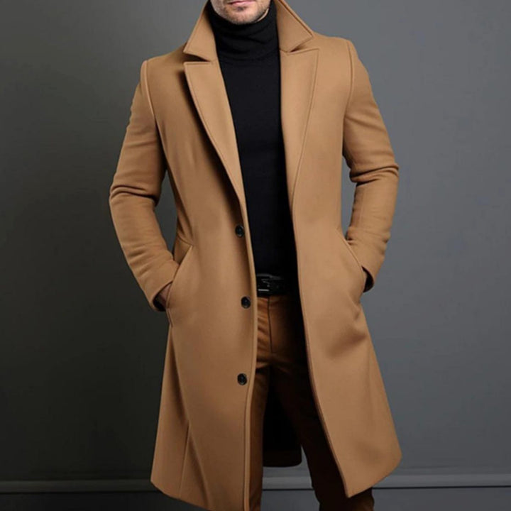 Men's Tailored Lapel Long Overcoat Single-Breasted Wool-Look Coat - Brown