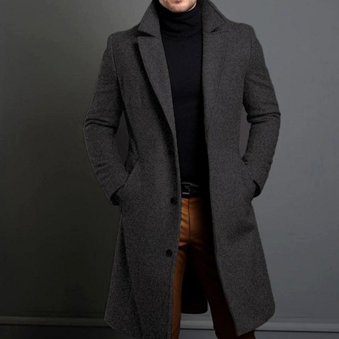 Men's Tailored Lapel Long Overcoat Single-Breasted Wool-Look Coat - Grey