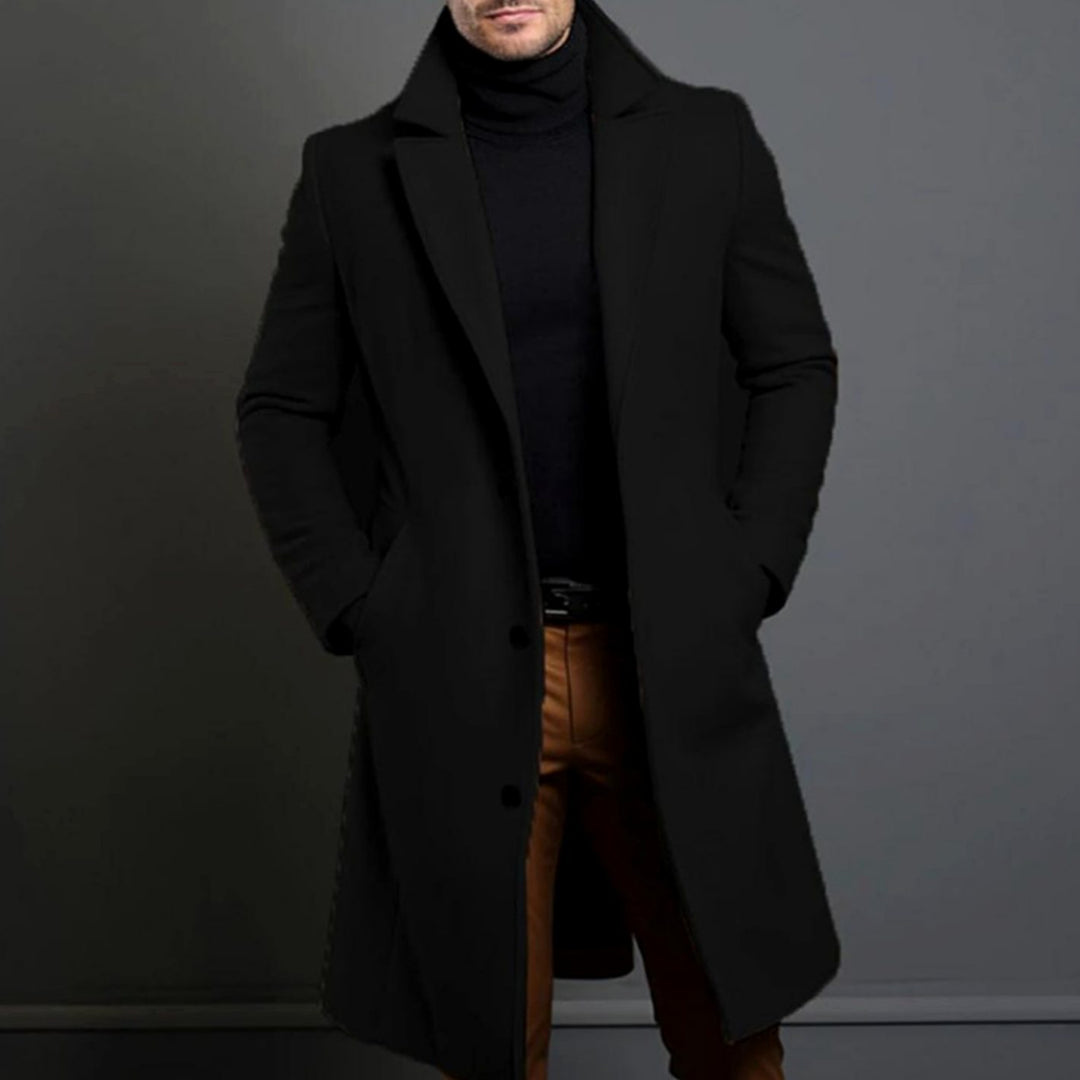 Men's Tailored Lapel Long Overcoat Single-Breasted Wool-Look Coat - Black