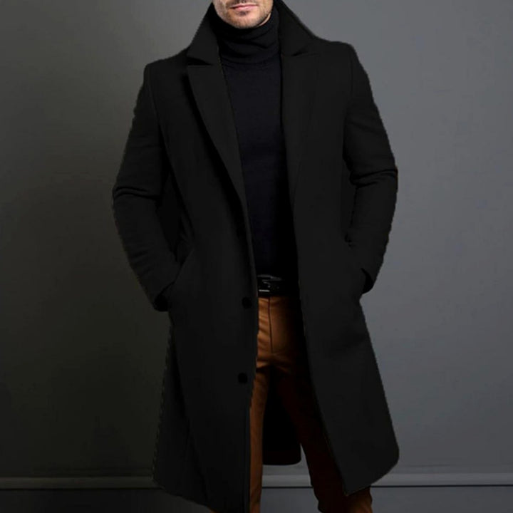 Men's Tailored Lapel Long Overcoat Single-Breasted Wool-Look Coat - Black