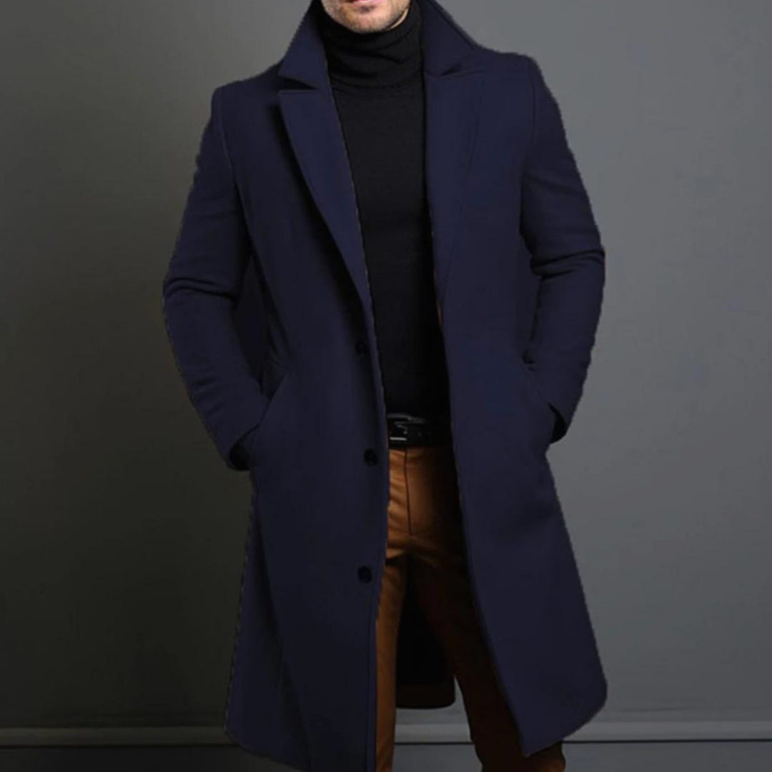 Men's Tailored Lapel Long Overcoat Single-Breasted Wool-Look Coat - Blue
