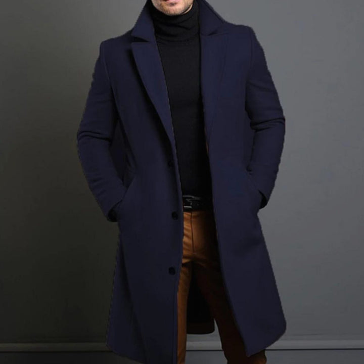 Men's Tailored Lapel Long Overcoat Single-Breasted Wool-Look Coat - Blue