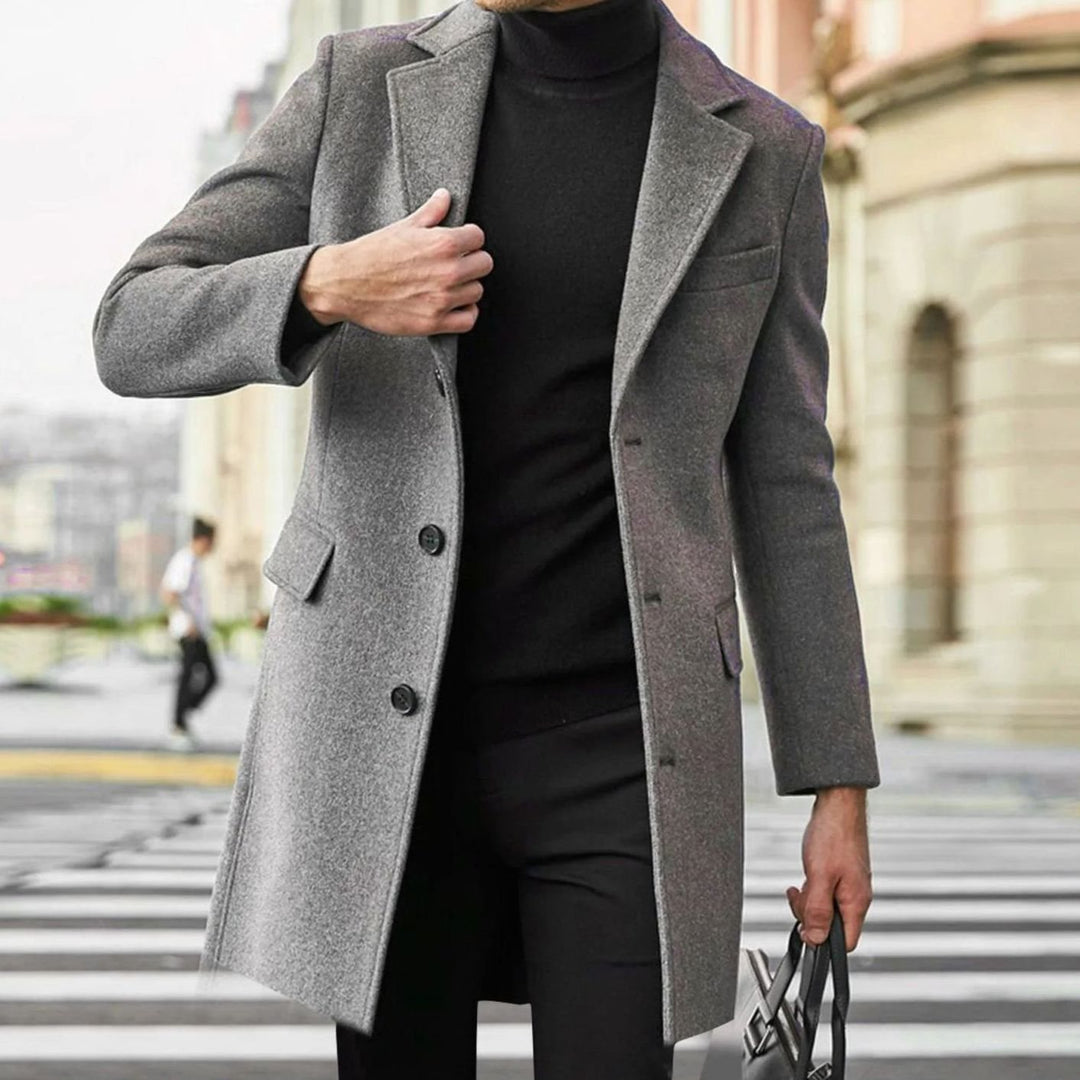 Men's Tailored Single-Breasted Wool-Blend Winter Coat - Grey
