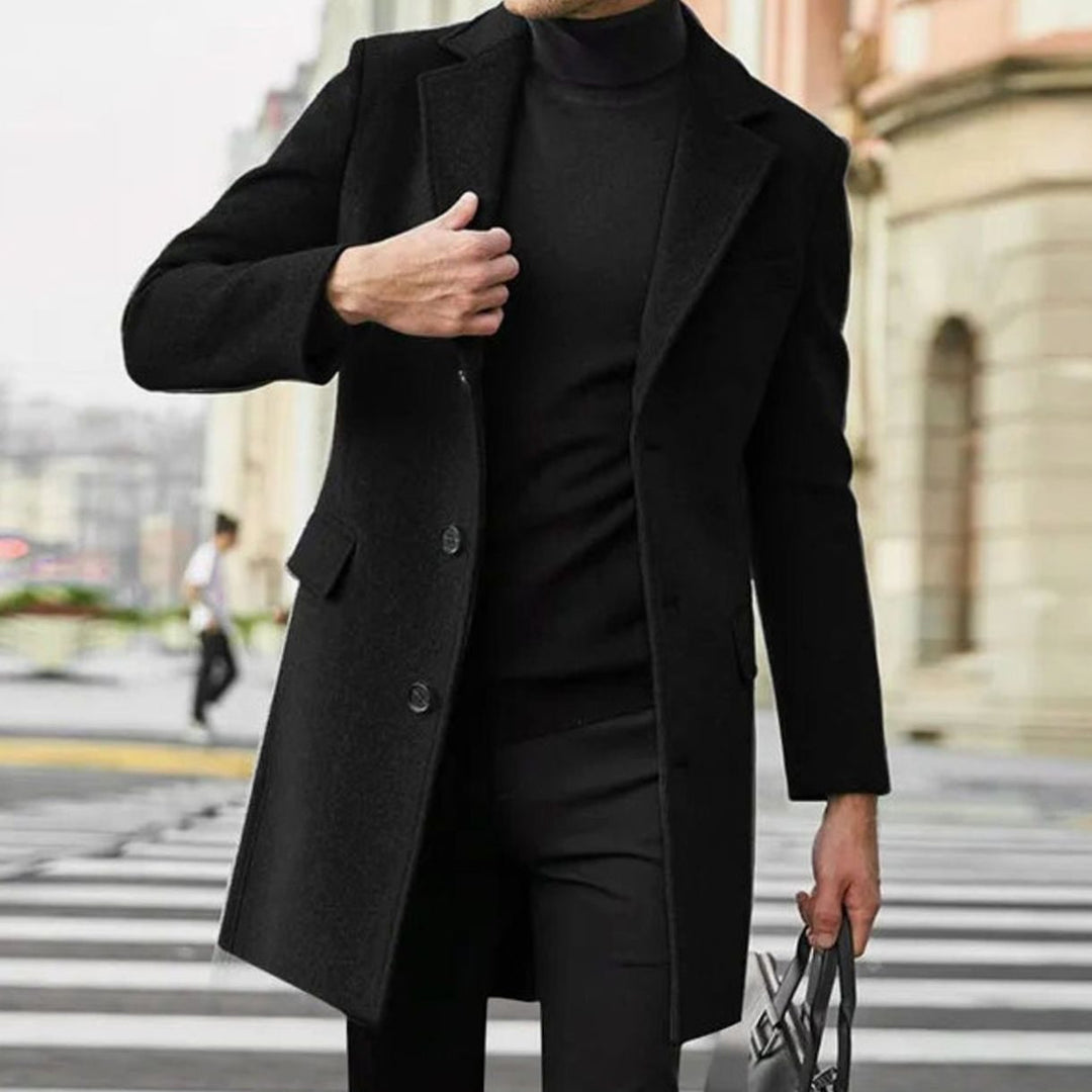 Men's Tailored Single-Breasted Wool-Blend Winter Coat - Black