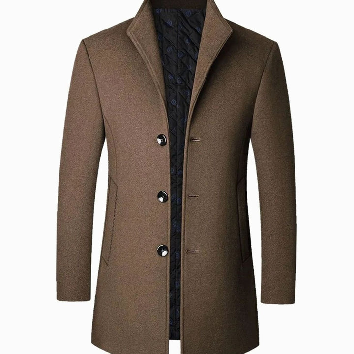 Men's Tailored Single-Breasted Wool-Look Long Overcoat - Brown
