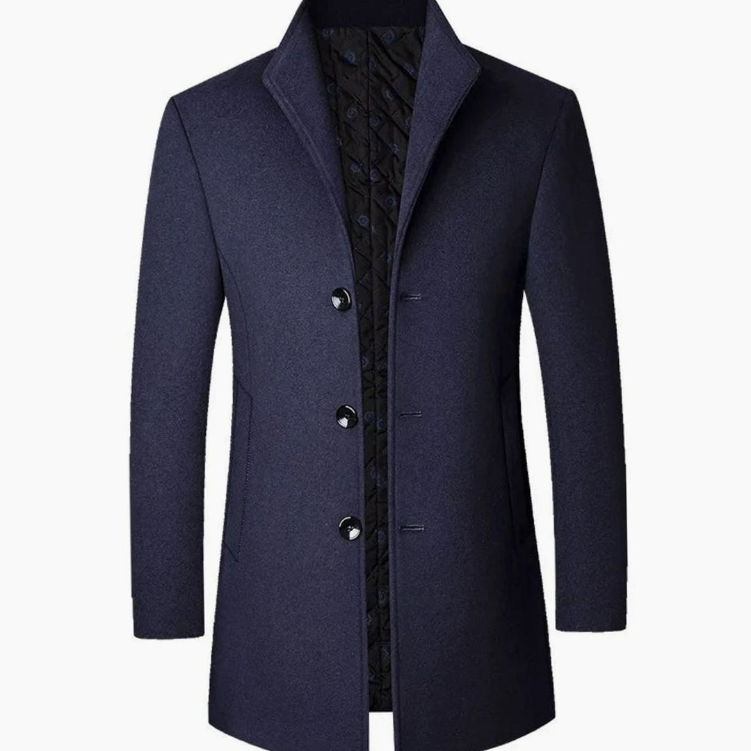 Men's Tailored Single-Breasted Wool-Look Long Overcoat - Navy Blue