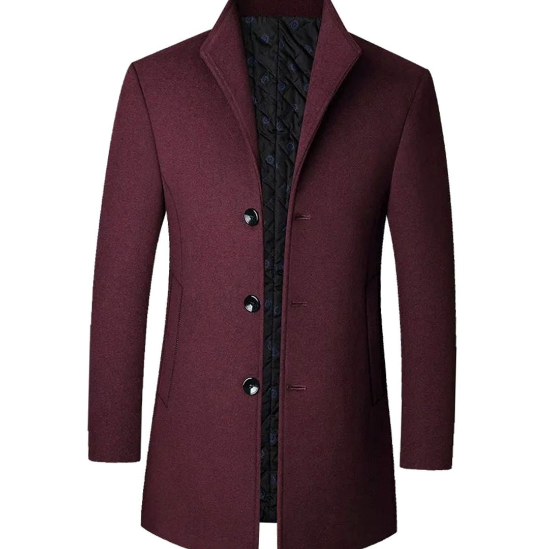 Men's Tailored Single-Breasted Wool-Look Long Overcoat - Burgundy