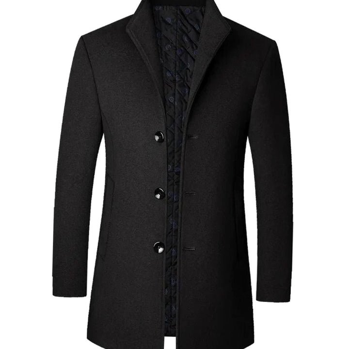 Men's Tailored Single-Breasted Wool-Look Long Overcoat - Black
