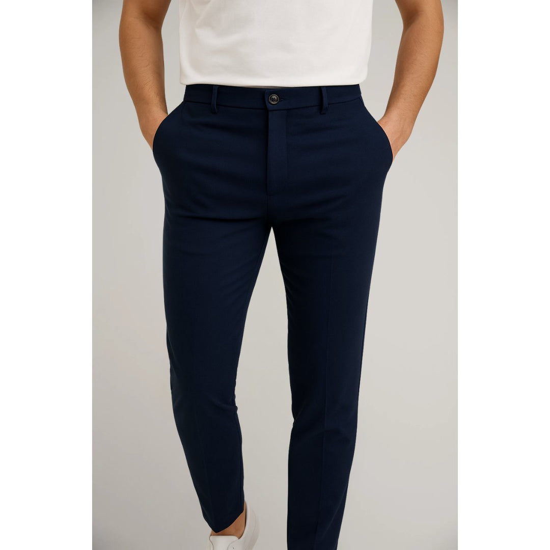 Men's Tailored Slim-Leg Button-Zip Trousers - Navy Blue