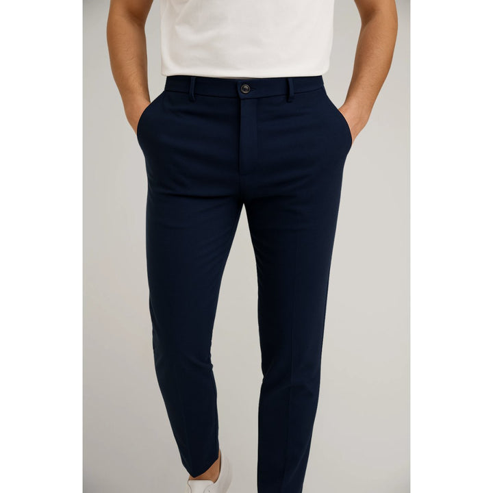 Men's Tailored Slim-Leg Button-Zip Trousers - Navy Blue