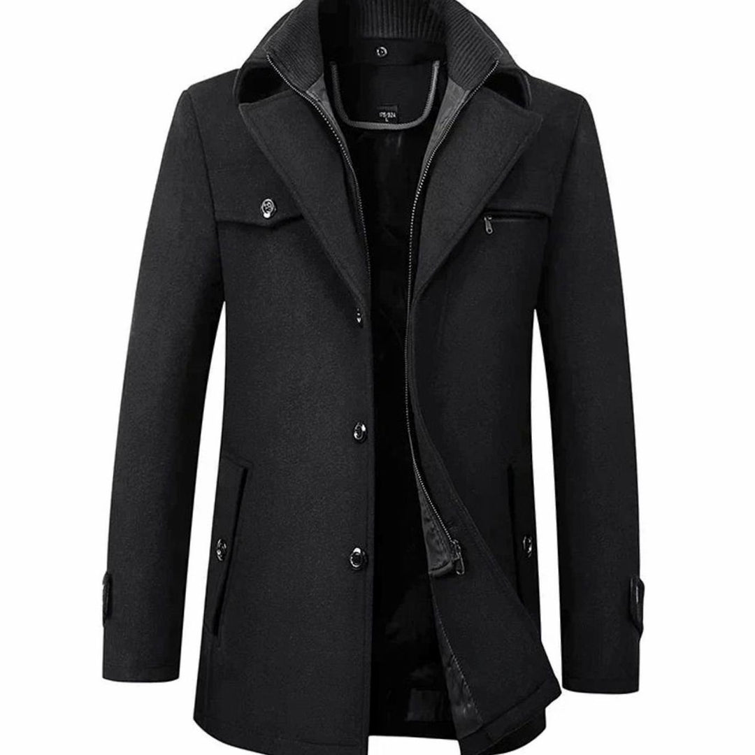 Men's Tailored Wool-Blend Winter Button Overcoat - Black