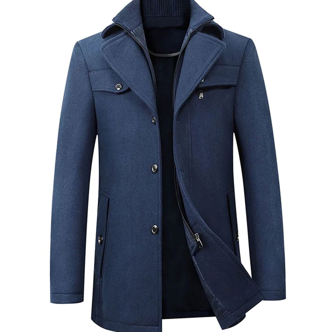 Men's Tailored Wool-Blend Winter Button Overcoat - Navy Blue