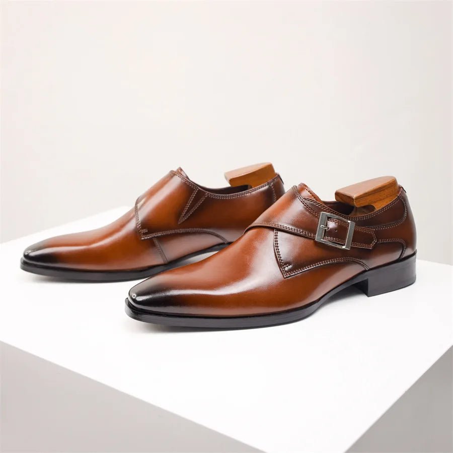Men's Tan Leather-Look Single Monk Strap Dress Shoes