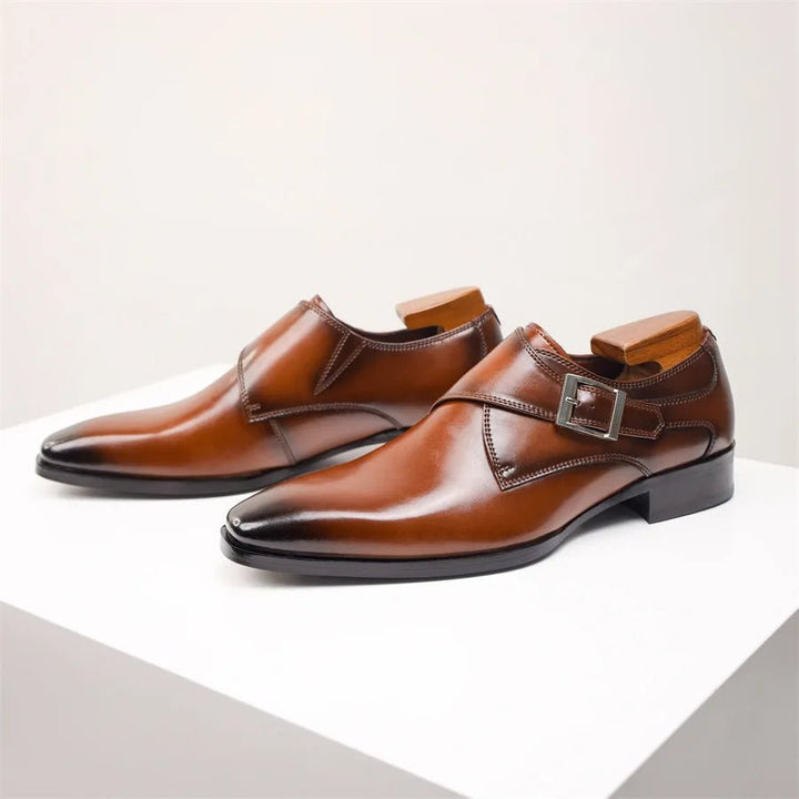 Men's Tan Leather-Look Single Monk Strap Dress Shoes