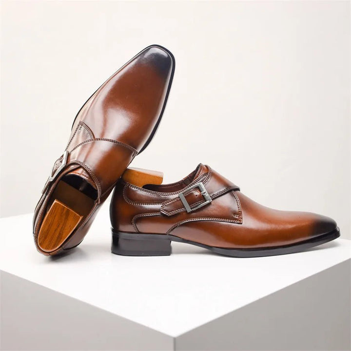Men's Tan Leather-Look Single Monk Strap Dress Shoes