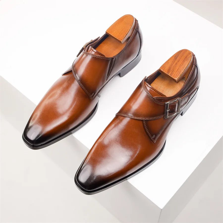 Men's Tan Leather-Look Single Monk Strap Dress Shoes
