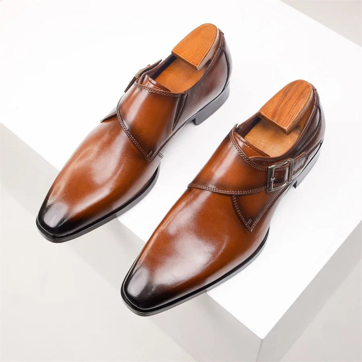 Men's Tan Leather-Look Single Monk Strap Dress Shoes