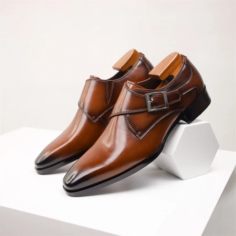 Men's Tan Leather-Look Single Monk Strap Dress Shoes