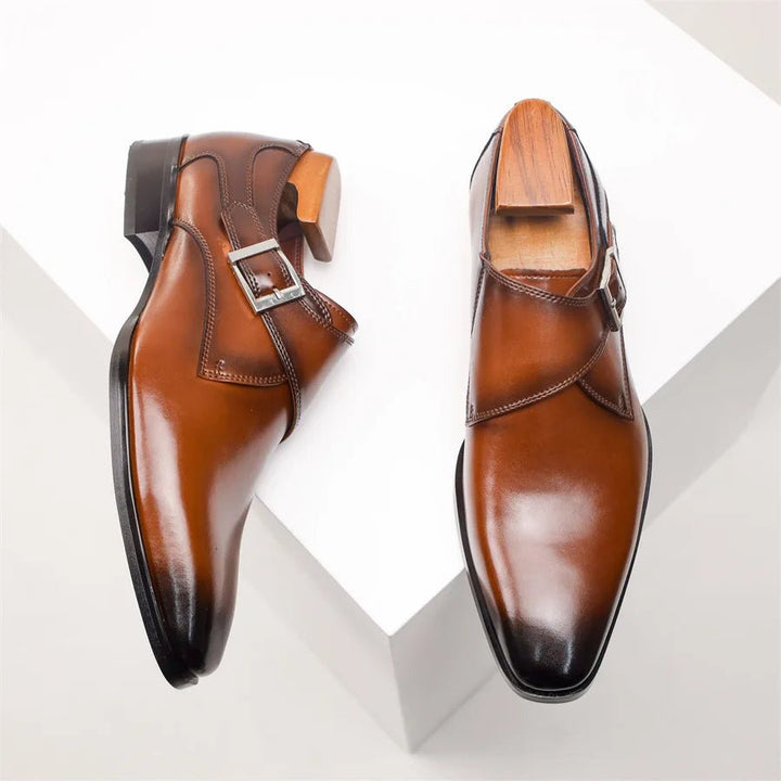Men's Tan Leather-Look Single Monk Strap Dress Shoes - Brown