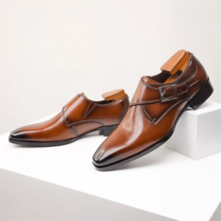 Men's Tan Leather-Look Single Monk Strap Dress Shoes