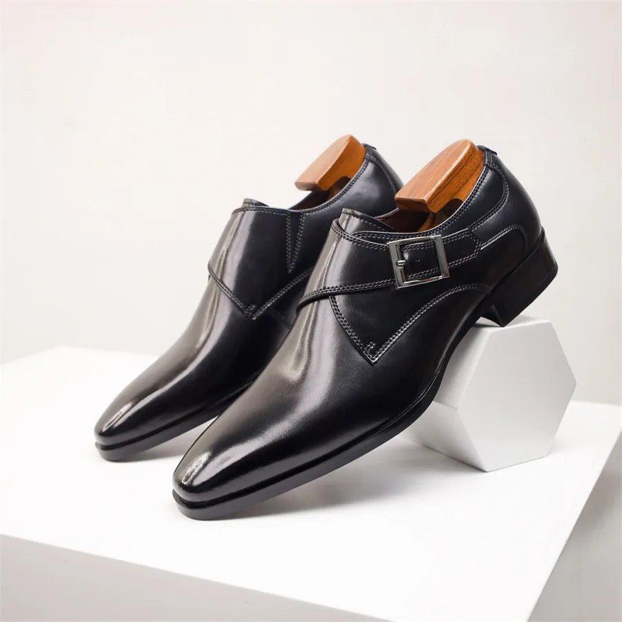 Men's Tan Leather-Look Single Monk Strap Dress Shoes - Black
