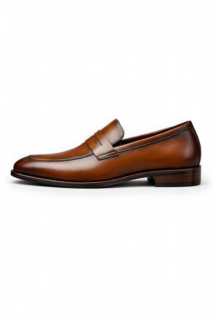 Men's Tan Leather-Look Slip-On Penny Loafers - Brown