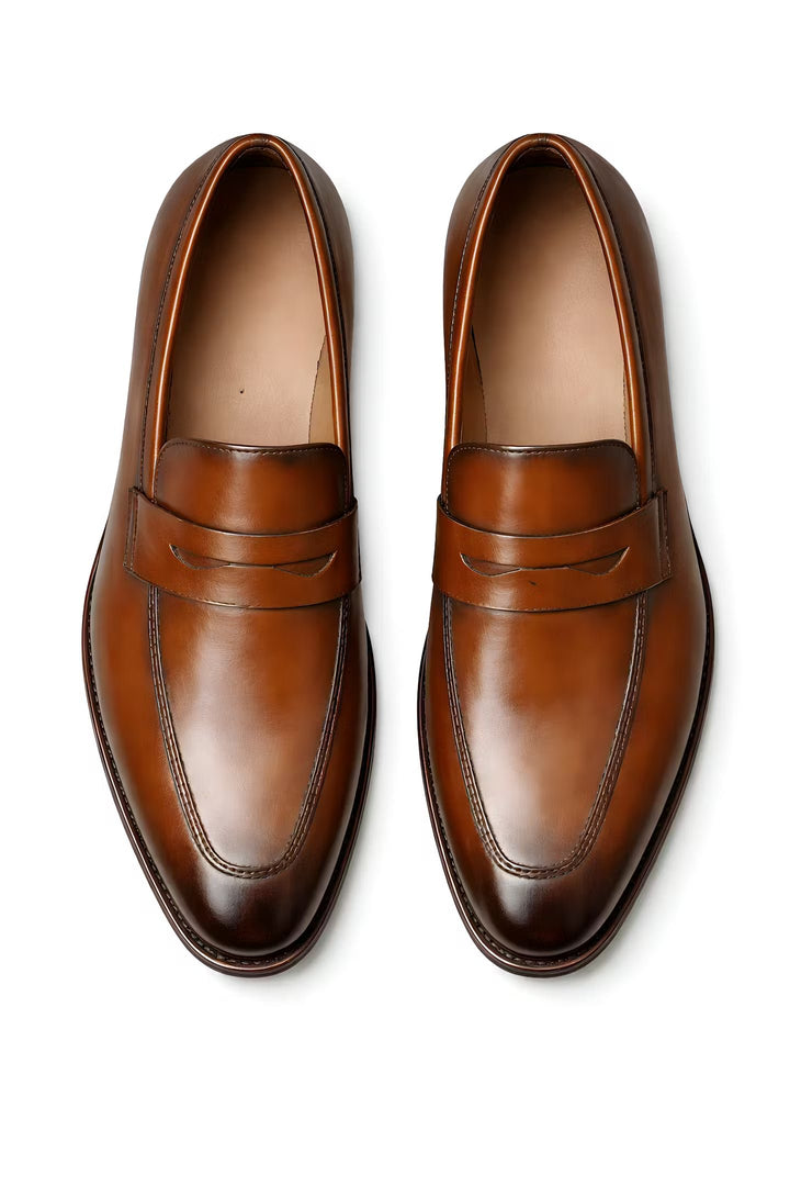 Men's Tan Leather-Look Slip-On Penny Loafers