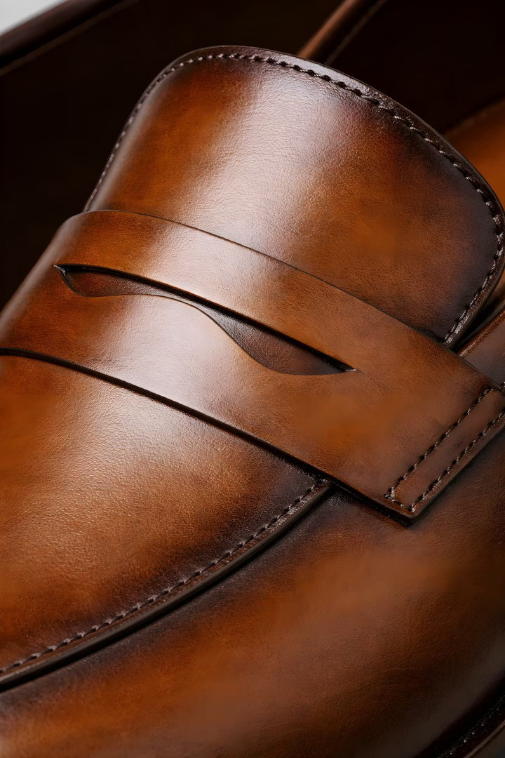 Men's Tan Leather-Look Slip-On Penny Loafers