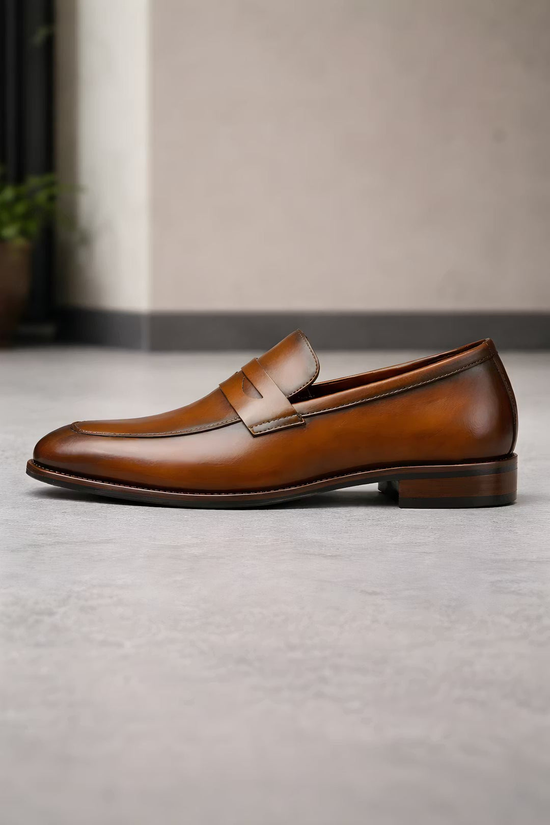 Men's Tan Leather-Look Slip-On Penny Loafers