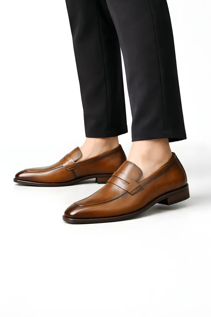 Men's Tan Leather-Look Slip-On Penny Loafers